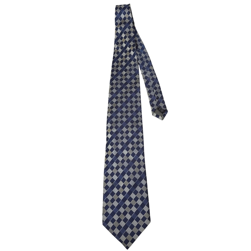 Alexander Julian Colours Mens Silk Tie Navy Blue Silver Geometric Herringbone 4"